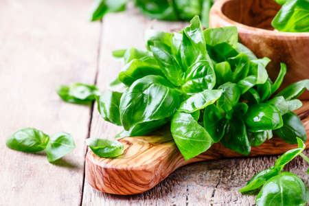 Fresh green basil in olive mortar with pestle, vintage wooden background, rustic style, selective focusの写真素材