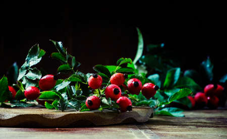 Fresh berries of wild rose, vintage wood background, selective focusの写真素材