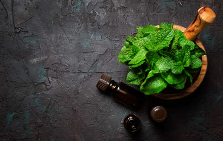Essential oil of peppermint in a small brown bottle with fresh green mint, black background, top viewの写真素材