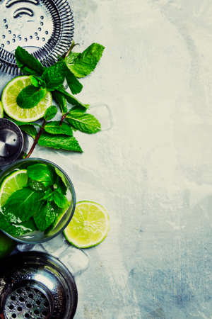 Ingredients for making mojito cocktail, food background, top viewの写真素材