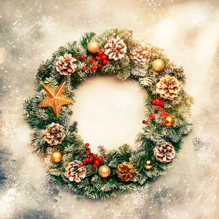 Christmas or New Year frame flat composition with green snow fir branches, pine cones, golden...