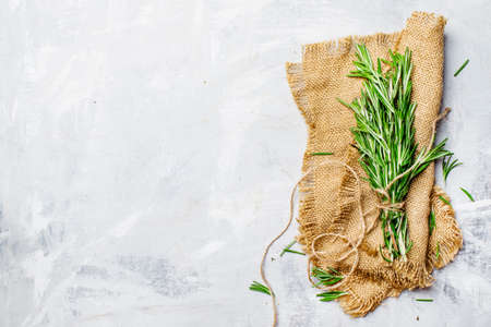 Fresh rosemary in a bundle on a canvas napkin, gray food background, top view