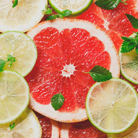 Sliced grapefruit, lemon, lime and mint, food background, top view, selective focus and toned imageの写真素材