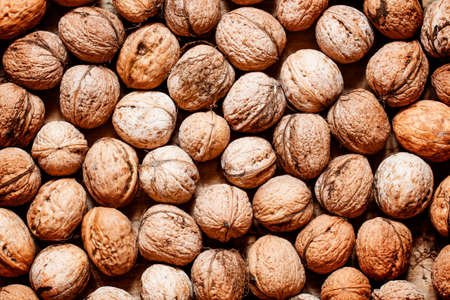 Walnuts, food background, top view