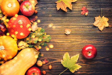 Autumn food top view, Thanksgiving or Halloween background: pumpkins, nuts, fallen leaves and spices...