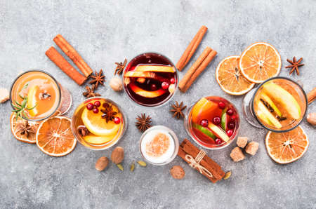 Various autumn or winter seasonal alcohol hot cocktails - mulled wine, glogg, grog, eggnog, warm...