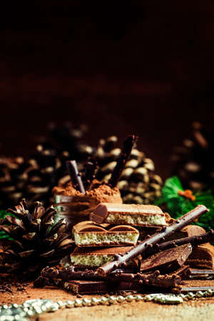 Different chocolate and cocoa powder, tree branches and pine cones, vintage wooden background,...