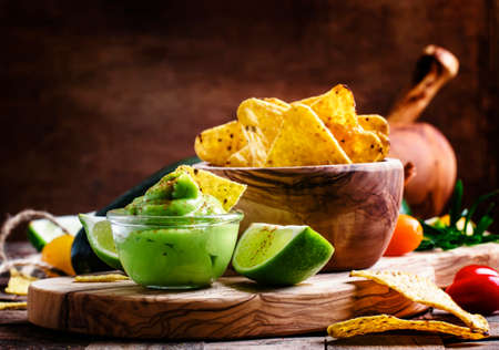 Corn nachos and avocado sauce, selective focusの写真素材