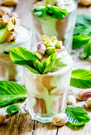 Pistachio ice cream, selective focus