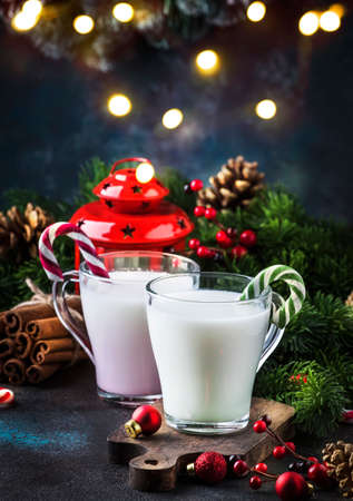Hot winter white drink with candy sticks, Christmas or New Year decorations, dark background, rustic style, copy spaceの写真素材