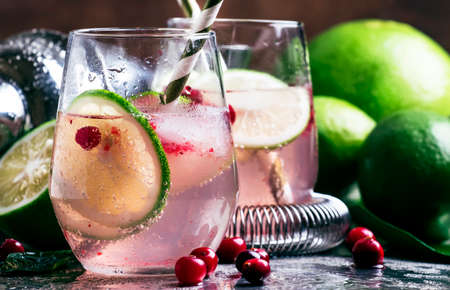Cranberry lemonade with lime and ice, metallic background, selective focusの写真素材