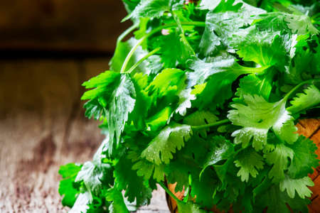 Fresh cilantro in a wicker basket, vintage wooden background, selective focus