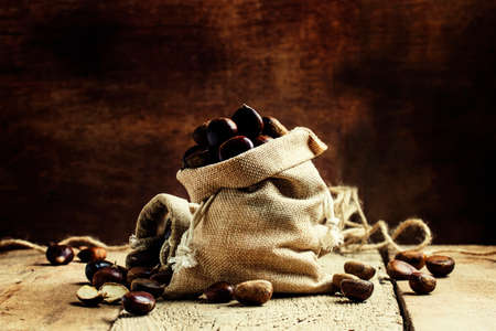 Fresh edible chestnuts in a canvas bag on vintage wooden background, selective focusの写真素材