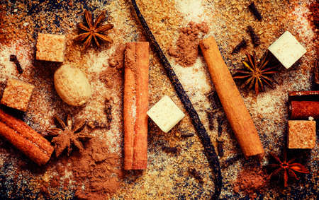 Christmas spices, food background, vintage toning, top viewの写真素材