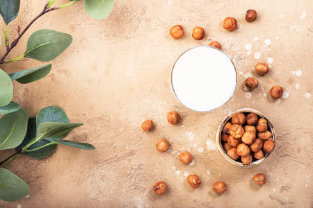 Vegan Hazelnut nut milk in bottles, closeup, beige table background. Non dairy alternative milk. Healthy vegetarian food and drink concept. Copy space, top viewの写真素材
