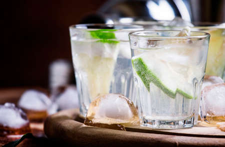 Bitter cocktail with lime, green grapefruit, ice and gin. Dark background, selective focusの写真素材