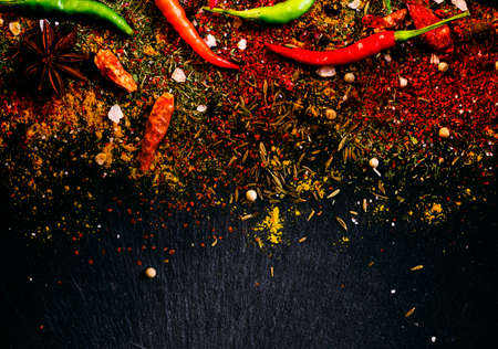 Ground spices and hot pepper, top view