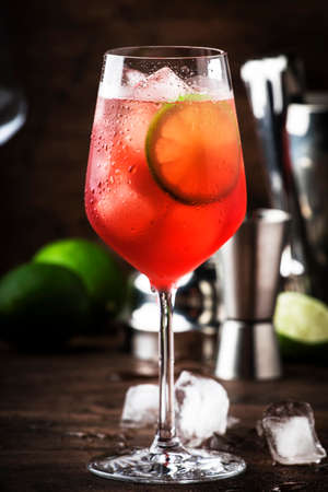 Campari tonic alcoholic cocktail with red bitter, tonic, lime and ice. Old wooden table background, bar tools, selective focus. All names refer to cocktails, not trademarksの写真素材