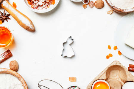 Easter baking ingredients, white food background, top viewの写真素材