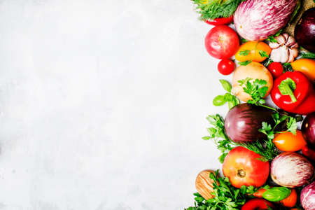Vegetarian food concept, fresh vegetables and herbs, top view