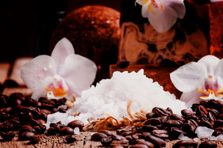 Organic coffee spa products, vintage wooden background, selective focusの写真素材