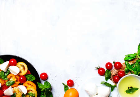 Cooking background, ingredients for prepare caprese salad, top viewの写真素材