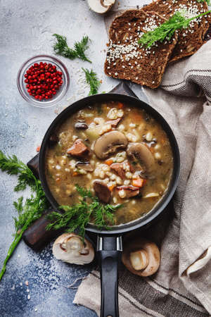 Hot meat vegetable mushroom soup with beef and wholegrain barley. With black bread, in metal pan, top view, gray kitchen table, copy spaceの写真素材
