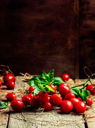 Cherry tomatoes with basil, vintage wooden background, selective focusの写真素材