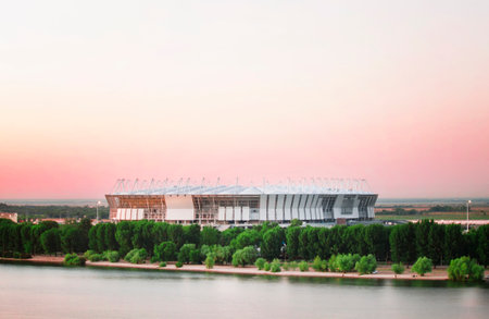 Rostov-on-Don, Russia - June 4, 2017: Football stadium Rostov Arena on sunriseのeditorial素材