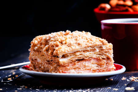 Puff cake with custard, selective focus