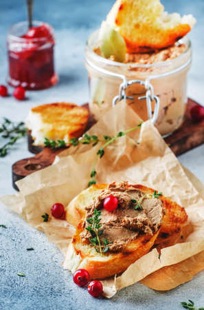 Delicious pate of chicken liver and meat on grilled toasts with cranberries and thyme, gray kitchen table background, space for text, selective focusの写真素材