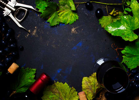 Red wine in glass, vine and grapes, black background, top viewの写真素材