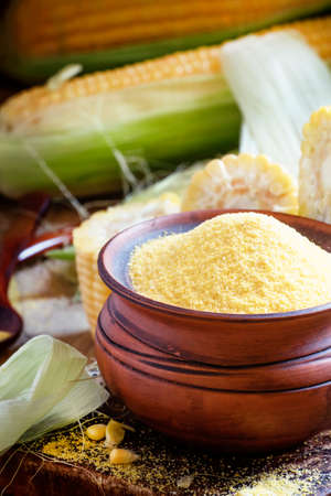 Crude corn grits, rustic style, selective focusの写真素材
