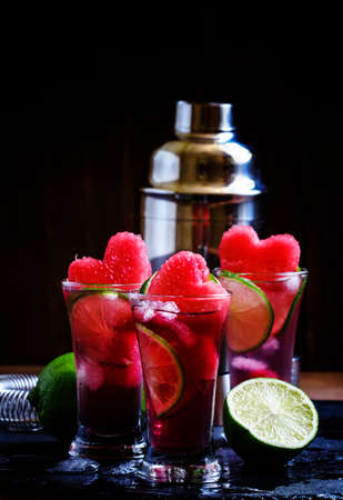 Alcoholic cocktail pasteque with vodka, watermelon juice, lime and ice. Bar tools on dark background, selective focusの写真素材