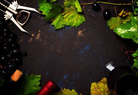 Red wine from grape varieties cabernet sauvignon, black food background, top viewの写真素材