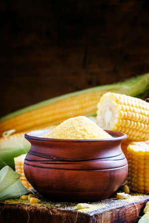 Crude corn grits, rustic style, selective focusの写真素材