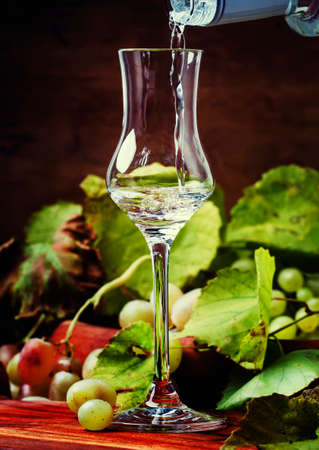 Golden Grappa Being Poured Into Shot Glass, Rustic Still Life, Selective Focusの写真素材