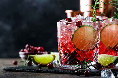 Refreshing drink with cranberries, ice and rosemary on wooden background, red cocktail, copy spaceの写真素材