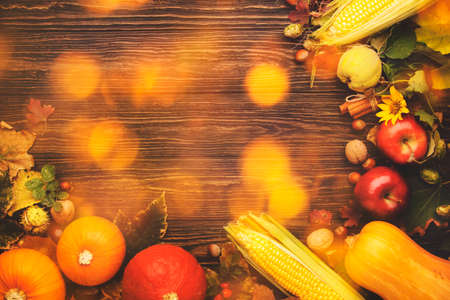 Thanksgiving background, food autumn harvest concept. Rustic table with Apples, pumpkins, nuts, grapes and corn on dark table with copy space, top viewの写真素材
