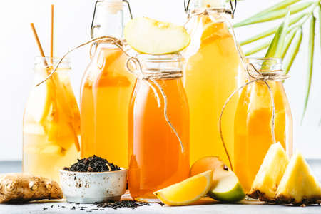Selection Of Fermented Kombucha Drinks. Homemade probiotic superfood tea, keto diet drink, tepache,...