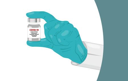 Doctor holds coronavirus vaccine bottle in hand in blue glove. Vector illustration in flat style on white backgroundのイラスト素材