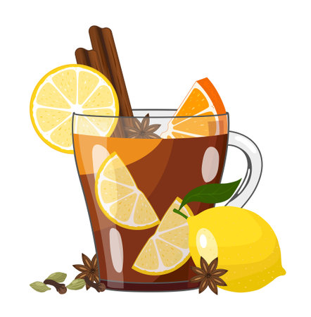 Winter hot lemon tea with fruits and spices in glass cup. Vector illustration on white backgroundのイラスト素材