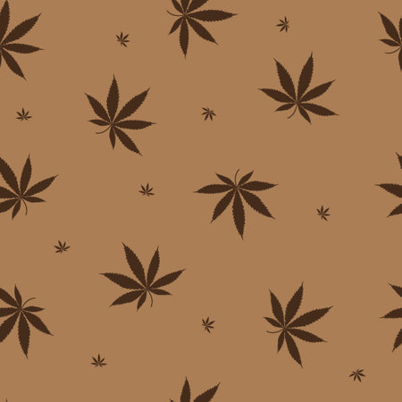 Marijuana or cannabiis leaves seamless pattern. Hemp vector leaf brown on beige backgroundのイラスト素材