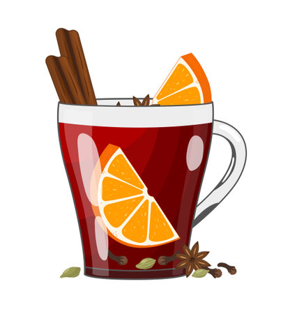Red mulled wine with spices and fruits in glass cup, vector illustration in flat style. Traditional Christmas or NewYear warming drink on white backgroundのイラスト素材