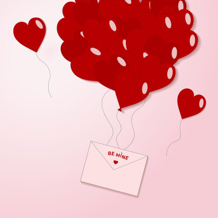 Valentines red hearts balloon with envelope, postcard on pink background. Love symbols in shape of heart for Happy Valentine's Day, Wedding. Engagement card vector flat illustrationのイラスト素材