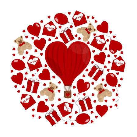 Happy Valentine's day love red elements set on white background. Hearts, gifts, balloons, bears for mother's day, birthday, wedding. Vector illustrationのイラスト素材