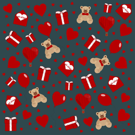 Happy Valentine's day love red elements set on blue background. Hearts, gifts, balloons, bears for mother's day, birthday, wedding. Vector illustrationのイラスト素材