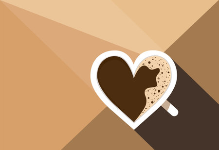 Espresso coffee cup in the shape of a heart top view. Hard light, graphic colorful background. Poster flat vector illustrationのイラスト素材