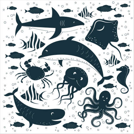 Flat hand drawn sea life elements set, underwater animals silhouettes: fish, octopus, shark, whale, dolphin, squid, seahorse, stingray, crab and water bubbles. Vector illustrationのイラスト素材