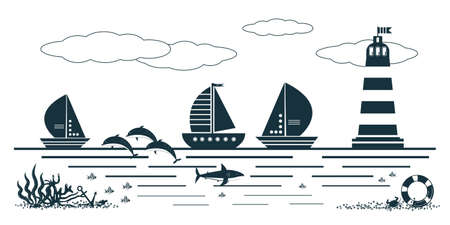 Graphc sea background with ships, sailing boats, lighthouse, shark, fish, dolphins, anchor and algae. Flat style vector elements for summer travel, adventures, holidaysのイラスト素材